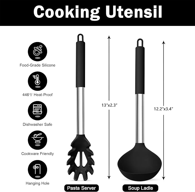 TeamFar Silicone Pasta Fork and Ladle Spoon Set, Serving Soup, Healthy & - Image 2