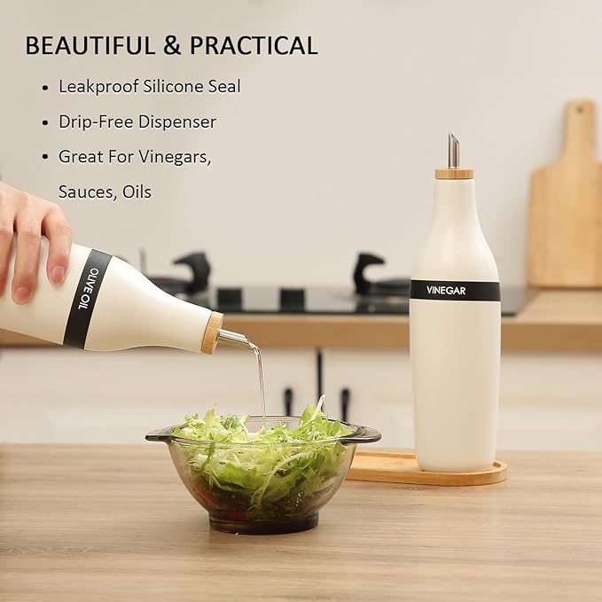 HOMCDALY Olive Oil and Vinegar Dispenser Set, Two 16oz Ceramic Oil Dispenser - Image 3
