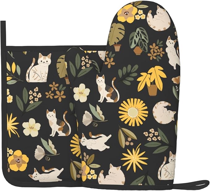 Cute Cats Flowers Garden Silicone Oven Mitts Pan Mats Set of 2, Heat Resistant by Cayiibe