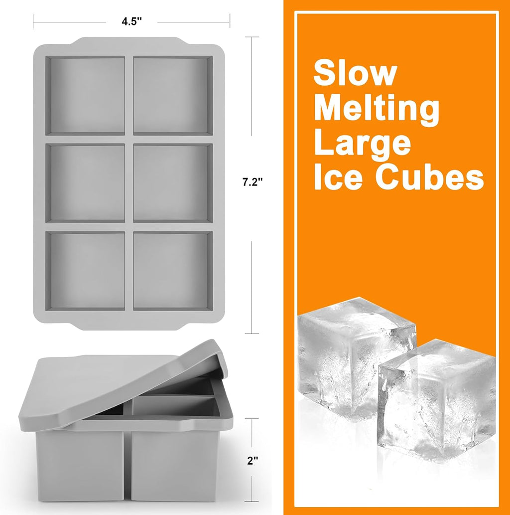 Large Ice Cube Molds Tray with Lid, Pack of 2, Stackable Big Silicone