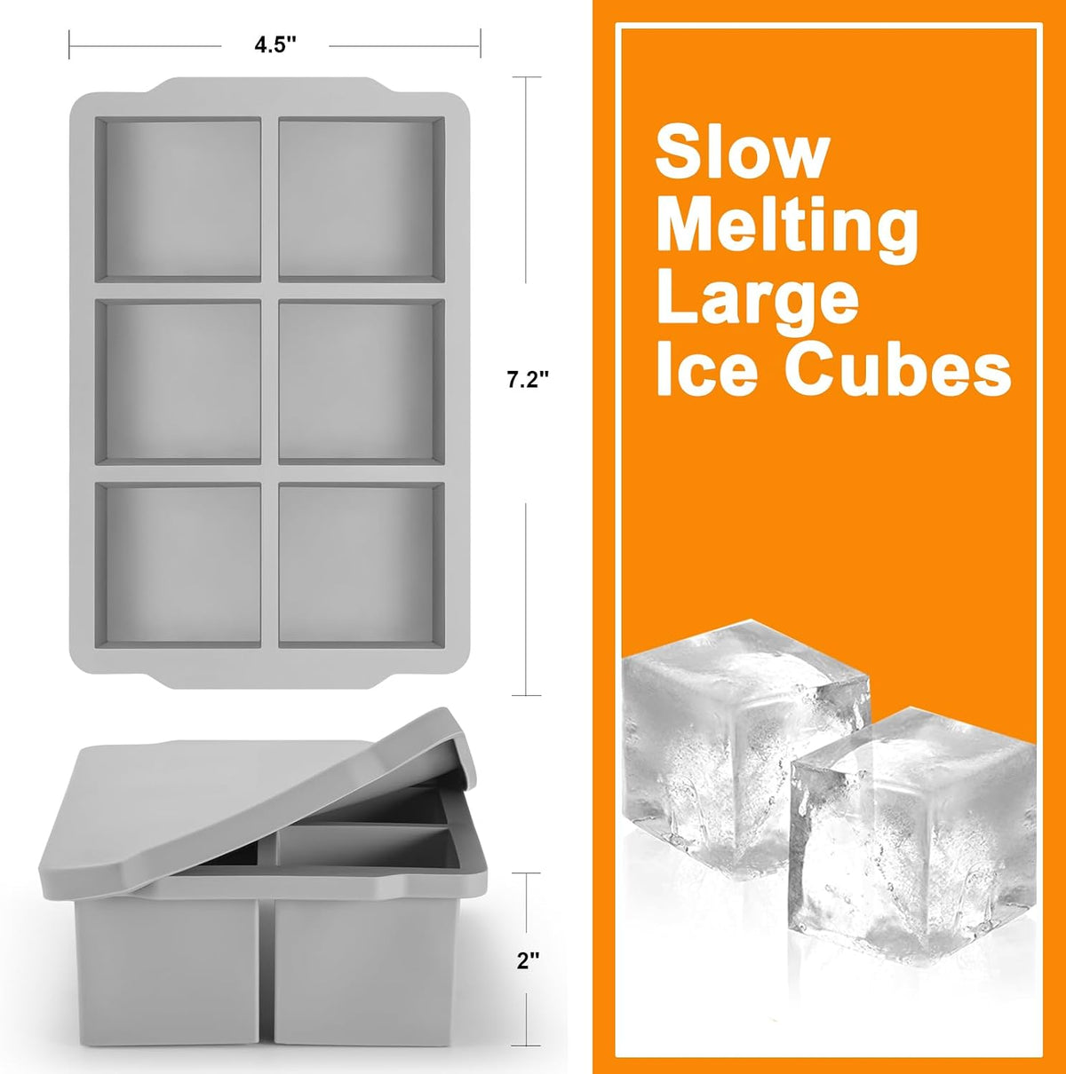 Large Ice Cube Molds Tray with Lid, Pack of 2, Stackable Big Silicone