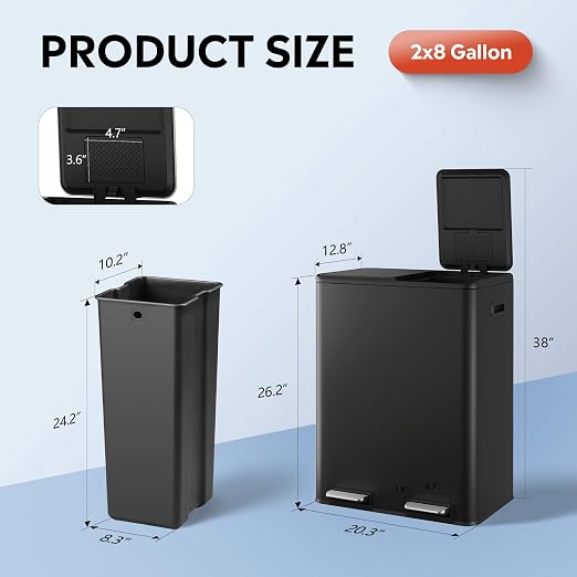 WLIVE 2 x 8 Gallon Stainless Steel Dual Trash Can, Double Trash Can Kitchen - Image 3