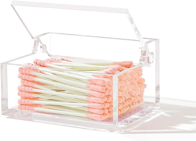 Clear Acrylic Qtip Holder with Lid, Cotton Balls Swab Organizer, 3.9" x 2.8" x by Dealpoli