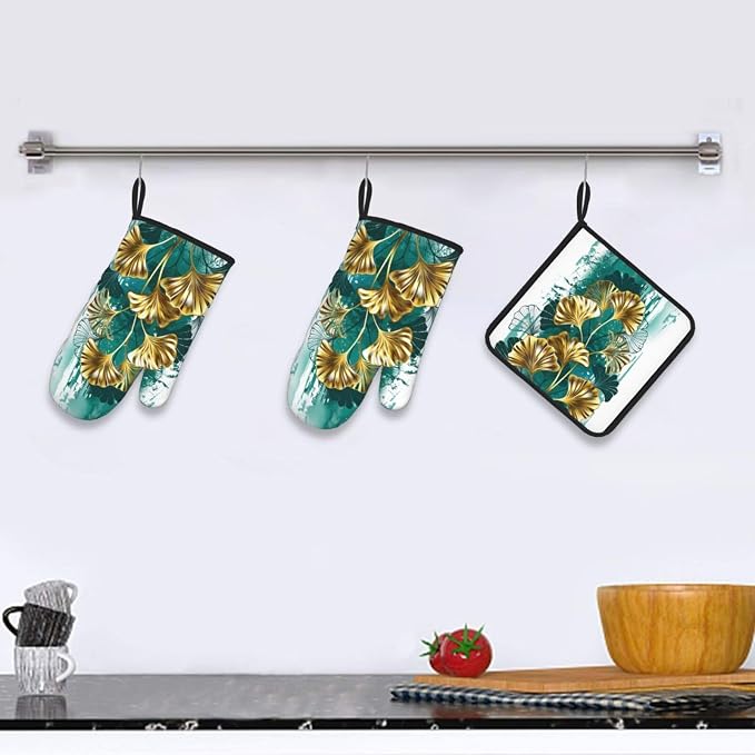 Teal Gold Green Leaves Oven Mitts and Pot Holders Set Heat Resistant Non Slip - Image 6