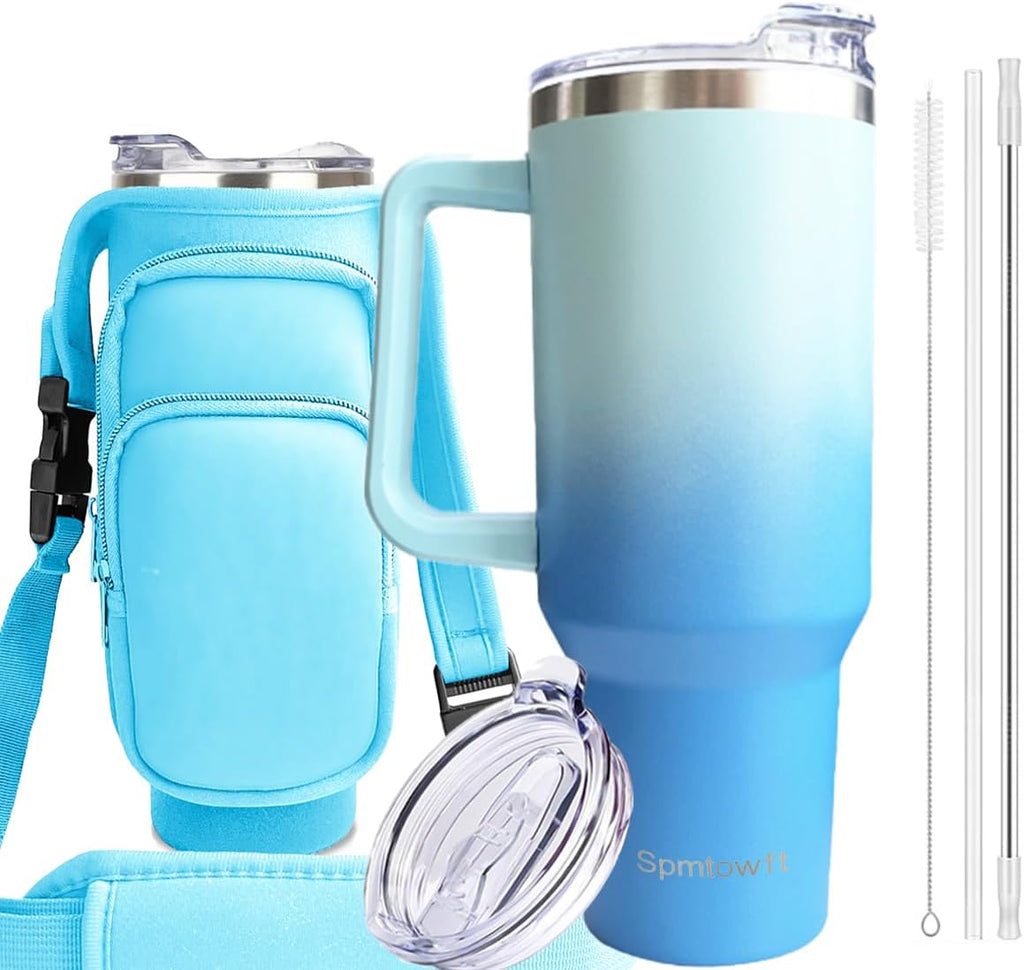 40oz Travel Tumbler with Handle and Straw, Water Bottle with Carrier