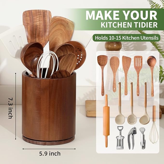 Wooden Utensil Holder, 360°Rotating 7.3'' Large Utensil Holder - Image 3