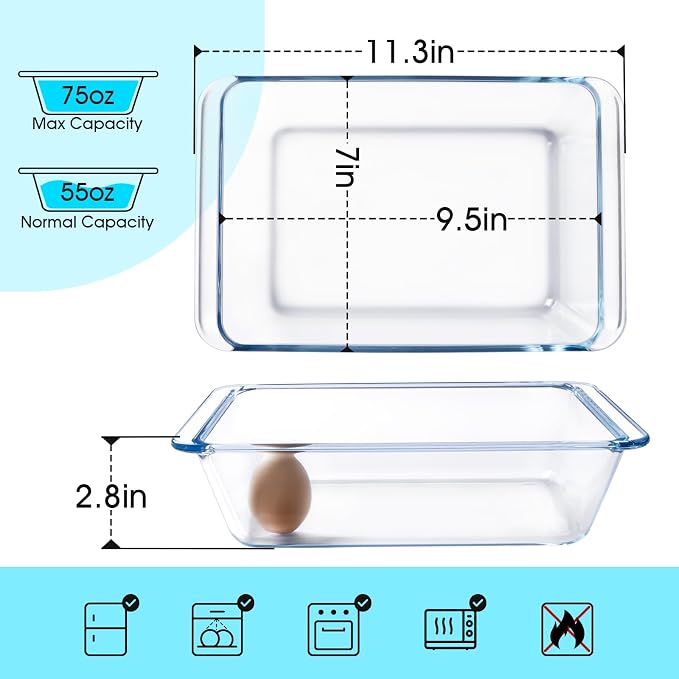 NUTRIUPS 2.4QT Rectangular Deep Glass Baking Dish, Glass Baking Pan - Image 2