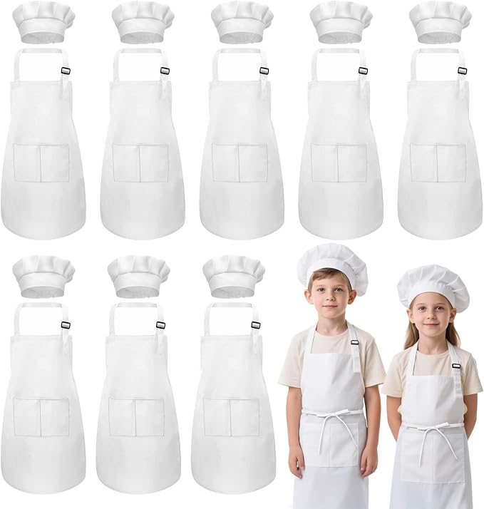 Kids Apron and Chef Hat Set, 16 Pieces Boys Girls Kids Apron by IAGBIBUI