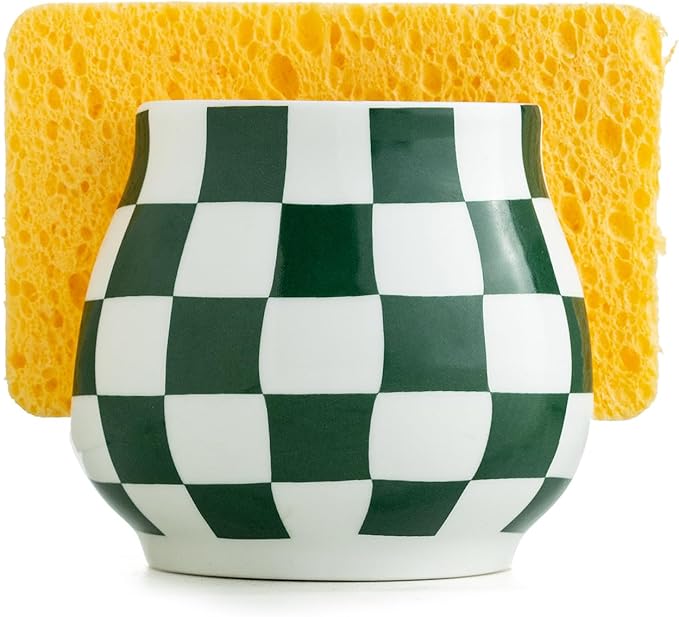 Zoeeker Kitchen Sponge Holder, Ceramic Sponge Organizer Checkered Scrubby by LAUCHUH