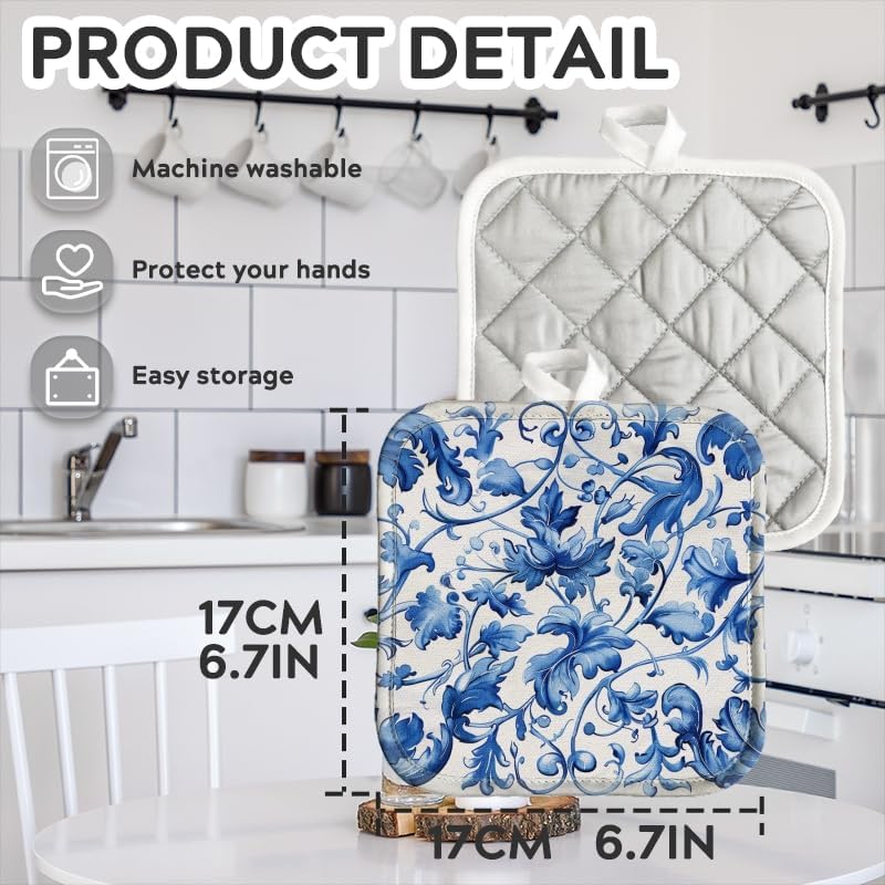 Pot Holder for Kitchen 4pcs,Blue and White Pattern with Intricate