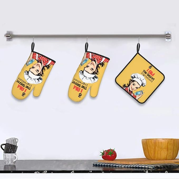 Cute Yellow Retro Chef Humorous Oven Mitts & Pot Holders Set of 3, Heat - Image 5