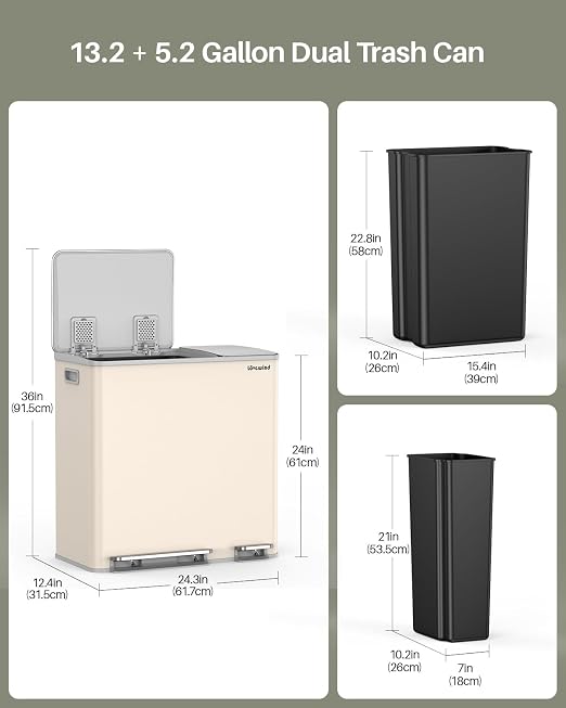 Dual Trash and Recycling Bins for Kitchen, 13.2 + 5.2 Gal Stainless Steel Trash - Image 6