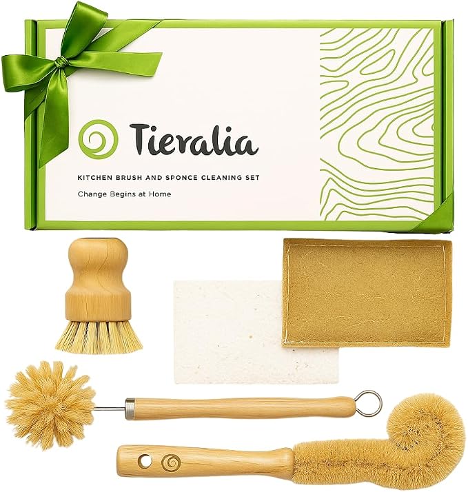 Tieralia Bamboo Dish Brush Gift Set – 5-Piece Kitchen Cleaning Set by Tieralia