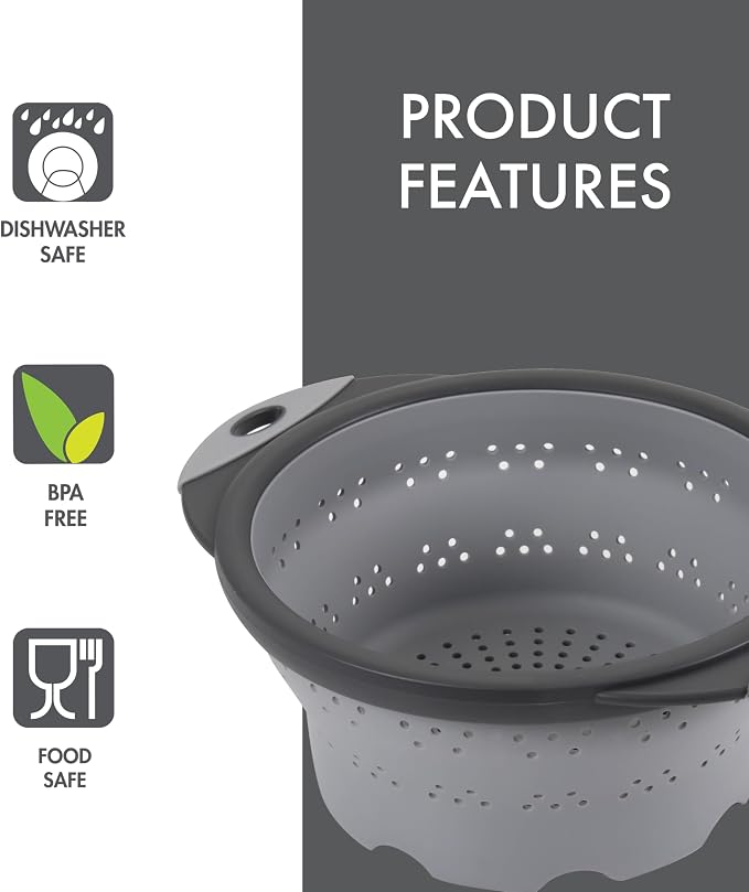 Dexas 8" Collapsible Silicone Colander in Cool Grey, Kitchen Strainer - Image 3