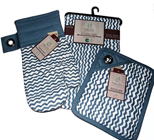 Mabelle Blue Zigzag Design Kitchen Linen 3 Piece Gift Set Pocket