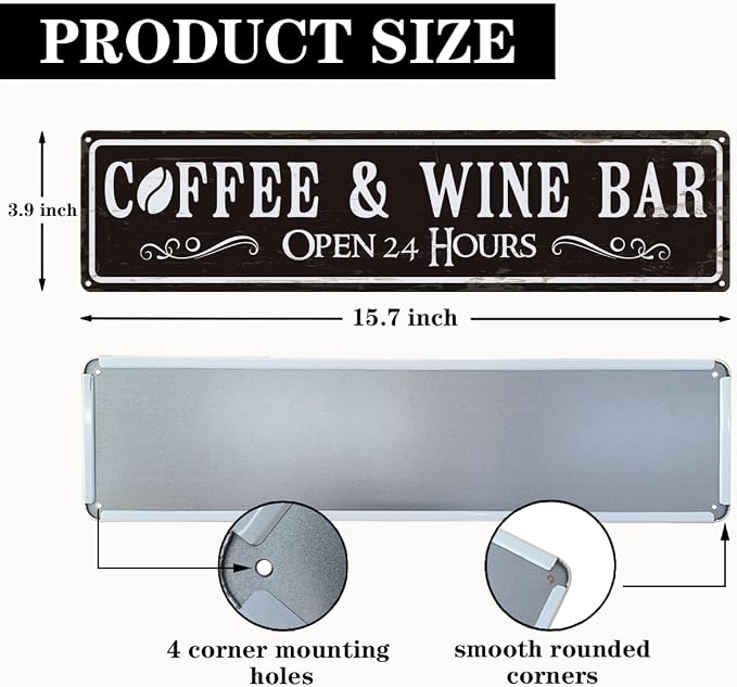 Coffee and Wine Bar Decor, Coffee & Wine Bar Open 24 Hours Sign, Retro Metal - Image 2