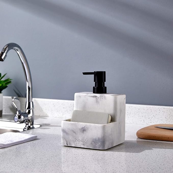 zccz Soap Dispenser with Sponge Holder, Marble Look Liquid Hand and Dish Soap - Image 3