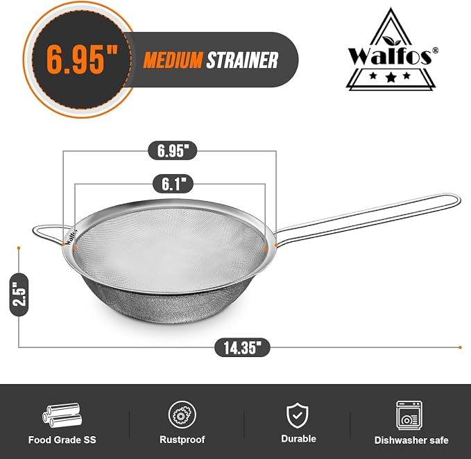 Walfos 6.95 Inch Fine Mesh Strainers, Premium Stainless Steel Colanders and - Image 2