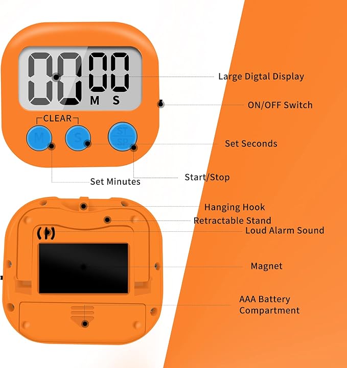 6 Pack Small Digital Kitchen Timer Magnetic Back and ON/Off Switch, Minute - Image 3