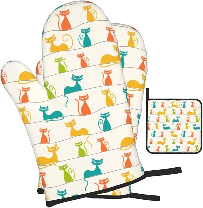 Mid Century Modern Cats Oven Mitts and Pot Holders Set Heat Resistant Cute Oven - Image 2
