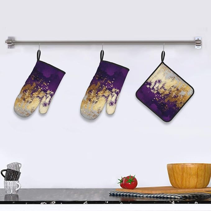 3 - Piece Purple and Gold Splash Patterned Oven Mitts and Pot Holders Set - Image 5