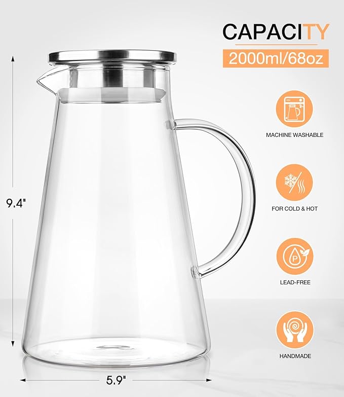 LUNA&MANTHA Glass Pitcher, 2 Liter 68oz Water Pitcher - Image 4