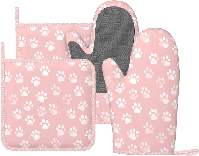 Oven Mitts and Pot Holders Pastel Pink Dog Paw Pattern Silicone Kitchen by DADABULIU