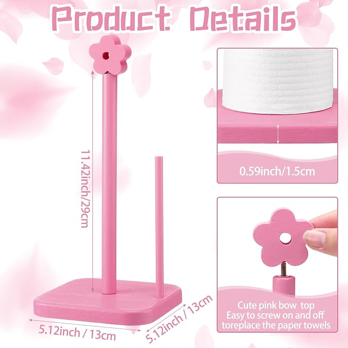 Leinuosen Pink Flower Paper Towel Holder Coquettish Cute Flower Wooden Paper - Image 2