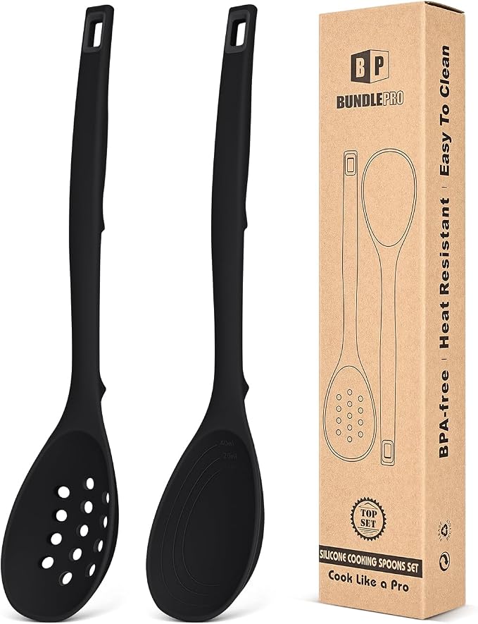 Pack of 2 Silicone Cooking Spoons, Non Stick Solid Kitchen Spoon by BUNDLEPRO