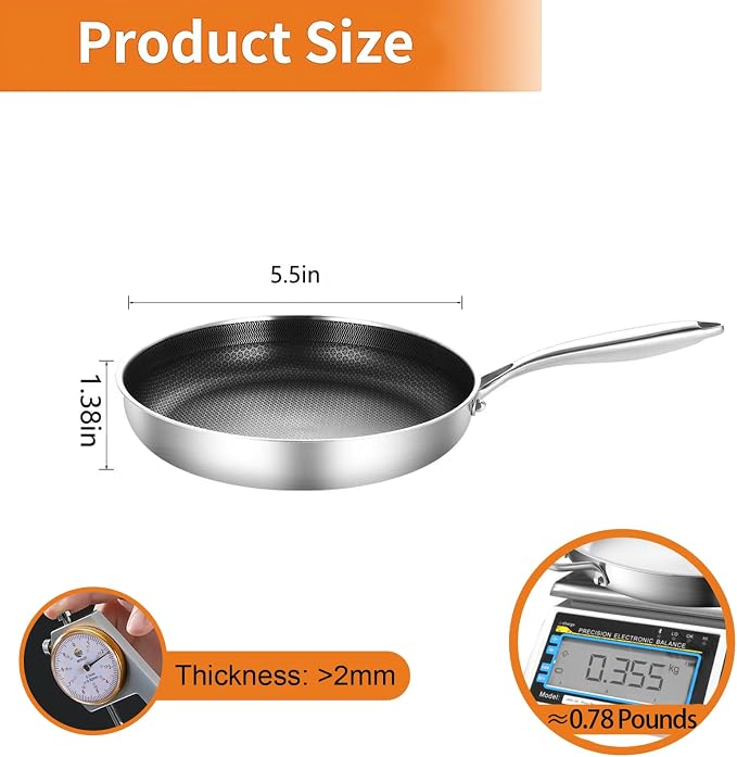 DELARLO Tri-Ply Stainless Steel 5.5 Inch Omelet Pans, Small Frying Pan - Image 3