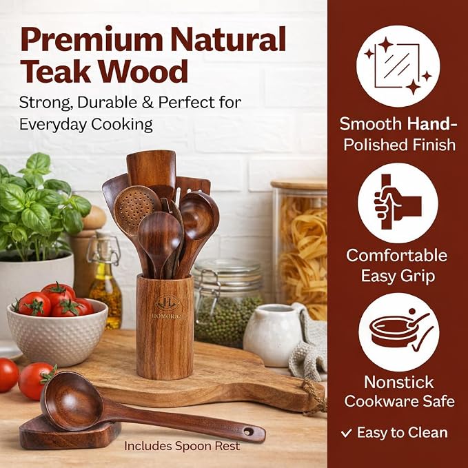 9 Piece Premium Teak Wooden Cooking Utensils Set- Spoons and Spatulas - Image 4