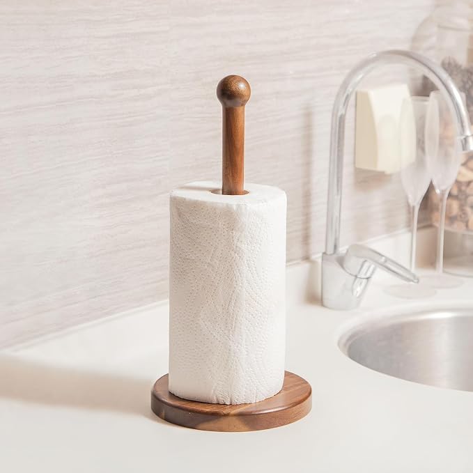 14" Acacia Wooden Paper Towel Holder, 6.7" Large Heavy Base Wooden Kitchen - Image 4