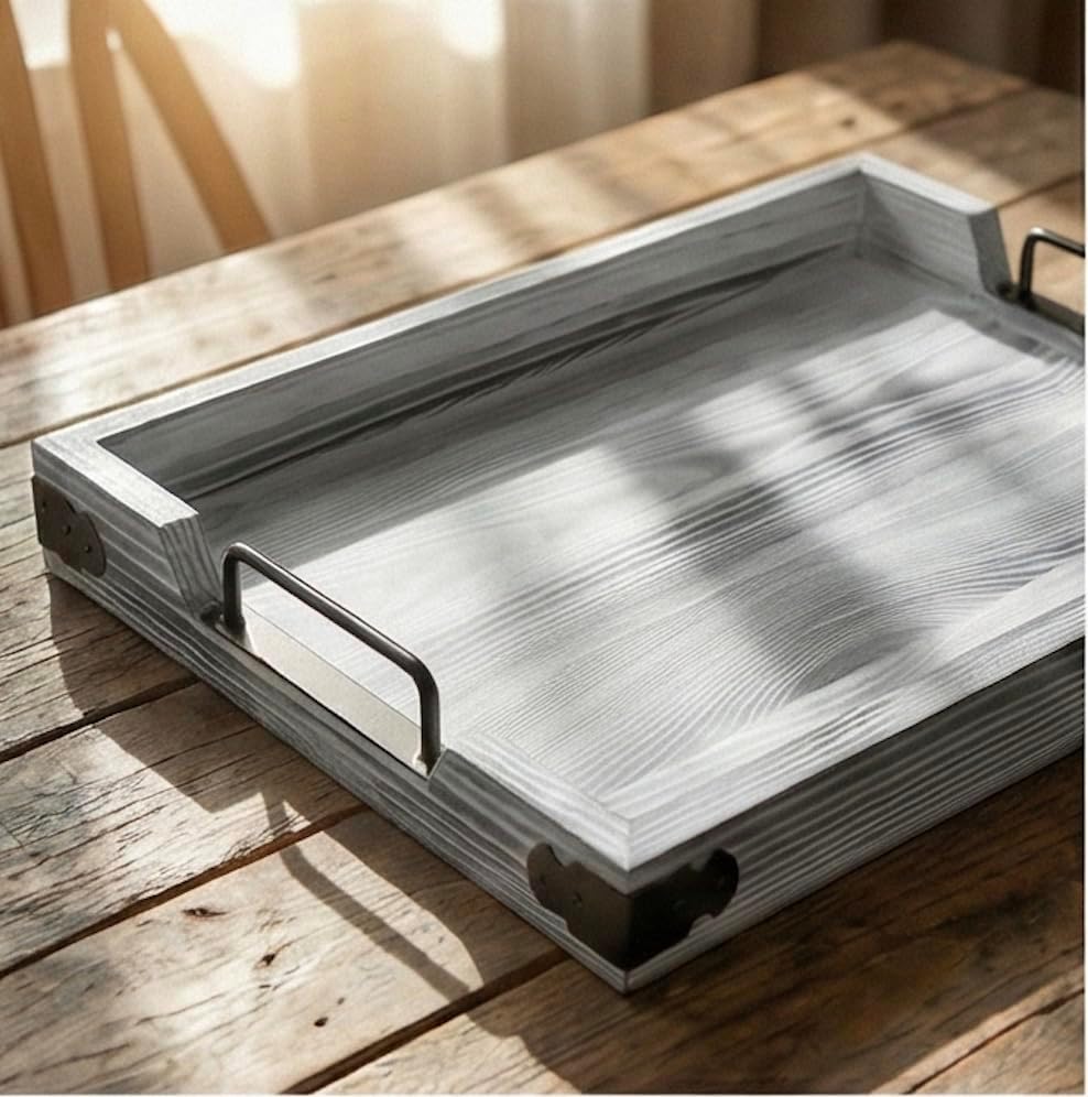 Wooden Rustic Large Serving Tray with Handles | Gray | Vintage Style