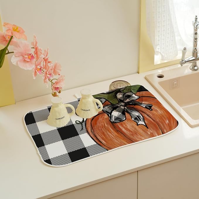 Fall Dish Drying Mat 18 x 24 Inch Thanksgiving Buffalo Plaid Pumpkin Drying Mat - Image 6