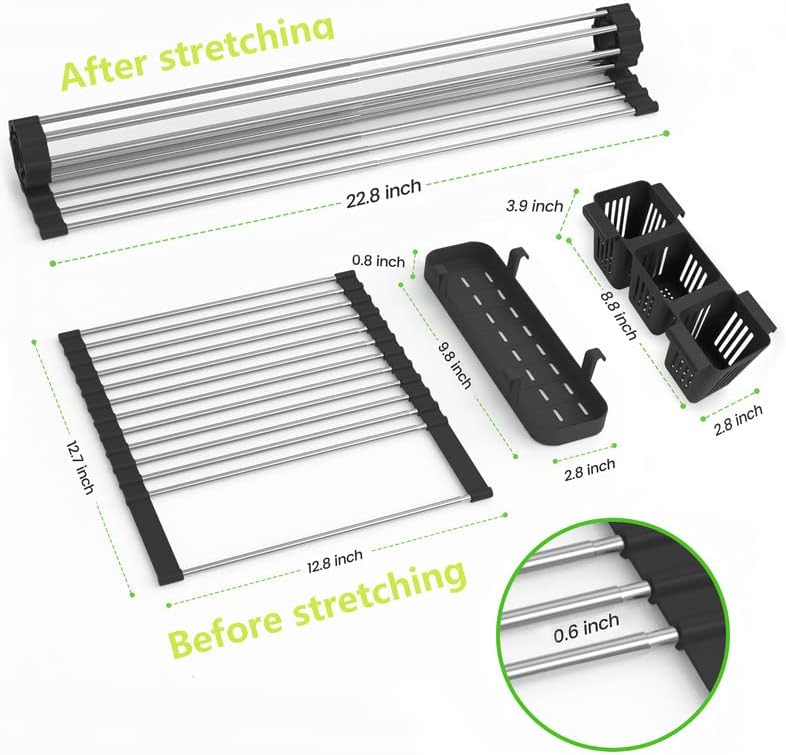 Black Expandable Roll Up Dish Drying Rack Up to 22.8''with 2 Storage