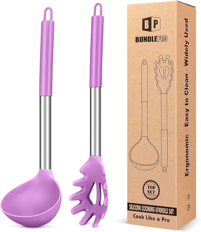 Silicone Pasta Fork and Ladle Spoon Set, Large Non Stick Kitchen Utensils by BUNDLEPRO