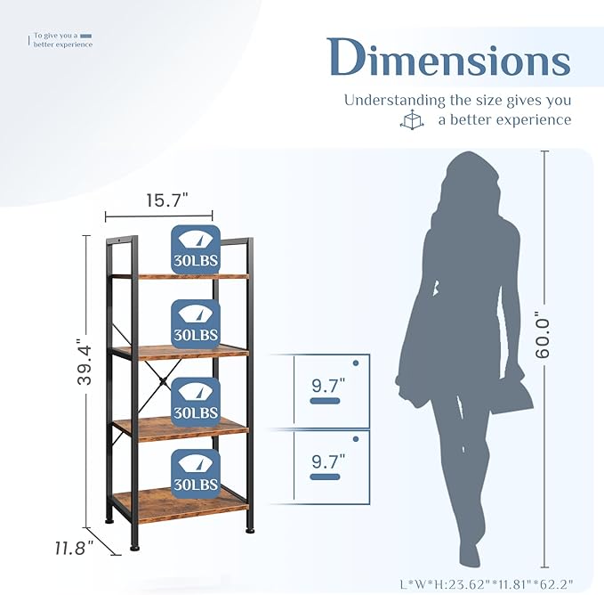 DUMOS 4 Tiers Bookshelf, Classical Book Shelf, Tall Display Shelves in Living - Image 3