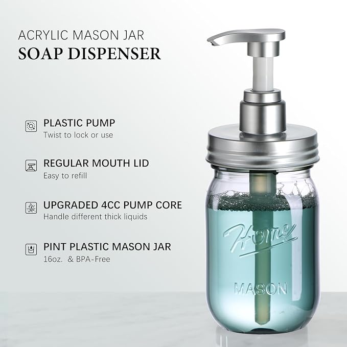 Amolliar Plastic Mason Jar Soap Dispenser - Image 2