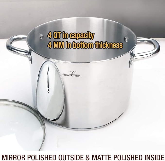 HOMICHEF Small Stock Pot 4 Quart Nickel Free Stainless Steel - Image 2