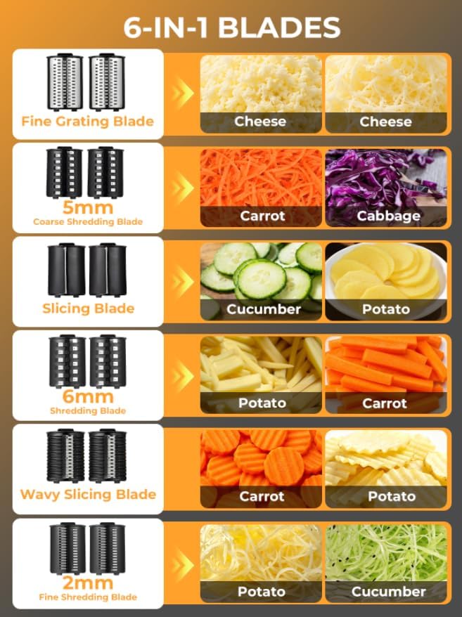 FOHERE 6-in-1 Electric Stainless Steel Cheese Grater