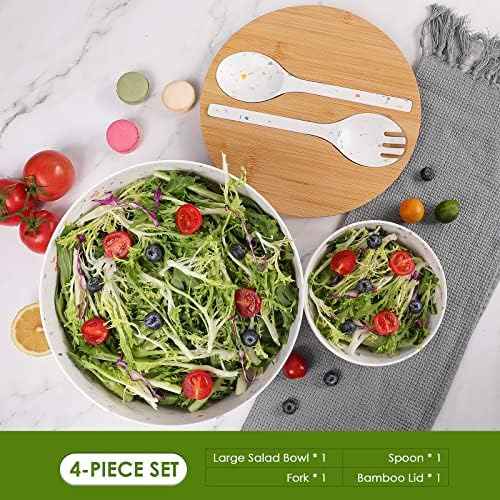 ECOWAY Melamine Salad Bowl with Bamboo Lid & Servers, Bamboo Fiber