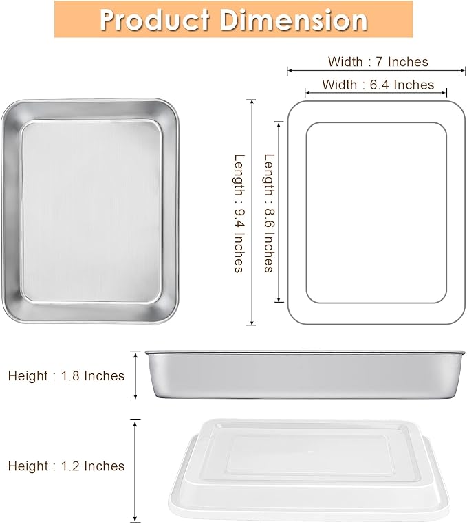 E-far Small Baking Pan with Lid, 9.4”x 7” x 2” Stainless Steel Rectangle Sheet - Image 3