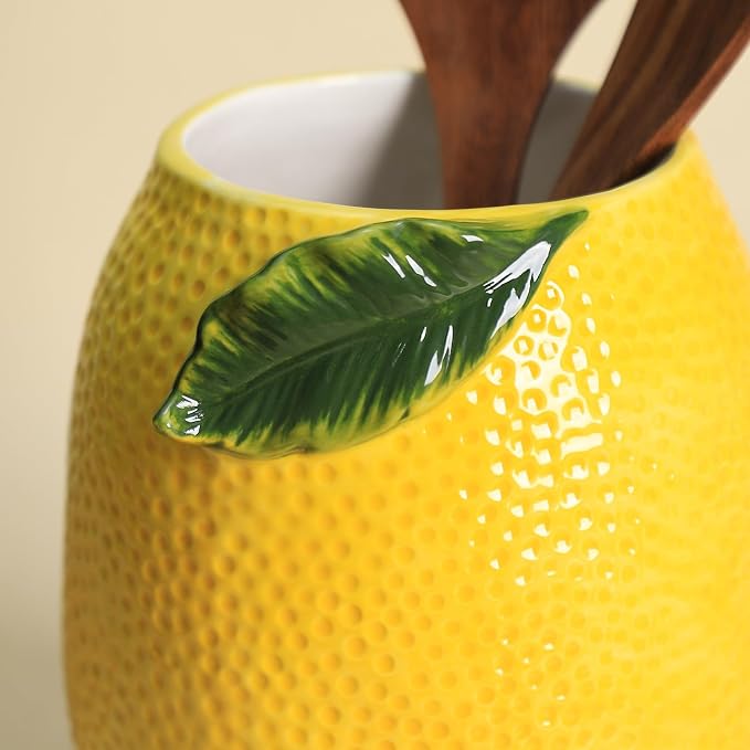 Lemon Shaped Ceramic Kitchen Utensil Holder, Large Cooking Utensil Crocks - Image 7