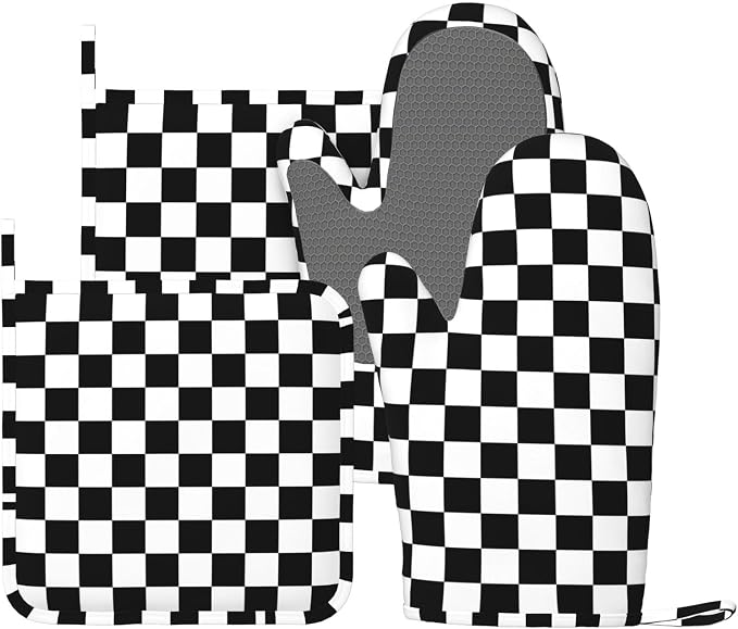 Black White Checkered Oven Mitts and Pot Holders Sets of 4, Heat Resistant by Echoserein
