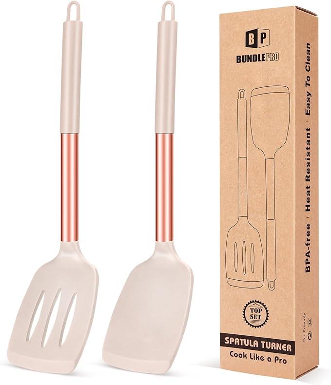 Pack of 2 Silicone Solid Turner, Non Stick Slotted Kitchen Spatulas, High Heat by BUNDLEPRO