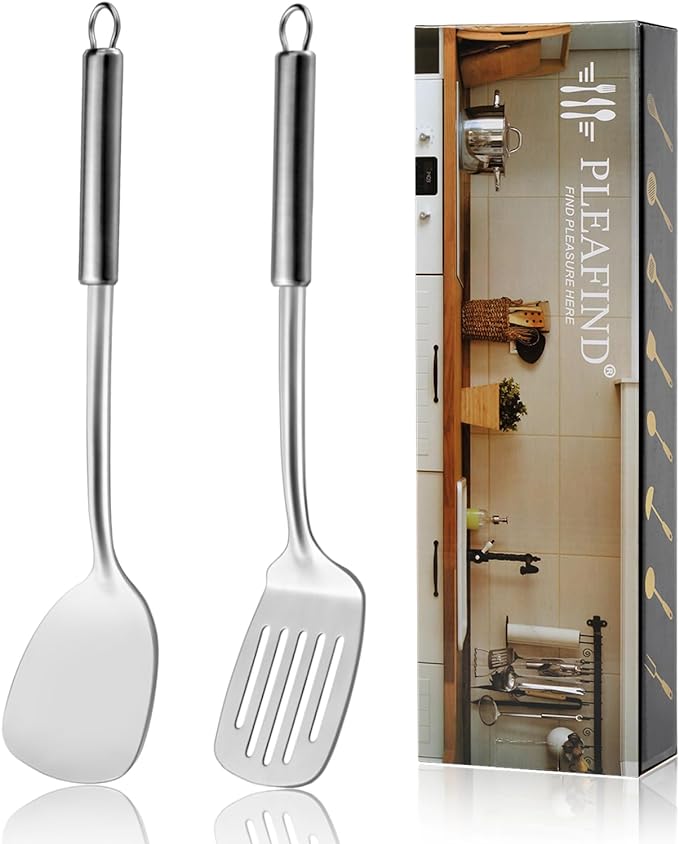 Pleafind 2-Pcs Solid & Slotted Spatula Set, 304 Stainless Steel Spatula by Pleafind