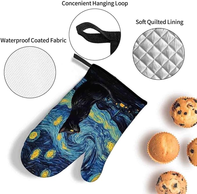 LOKMU Oven Mitts and Pot Holders Set of 3, Starry Night and Black Cat Heat - Image 4