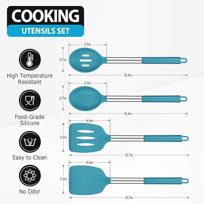 Pack of 4 Large Silicone Cooking Spatulas and Spoons, Slotted and Solid - Image 2