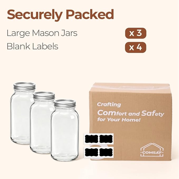 ComSaf Half Gallon Mason Jar 64oz 3Pcs, Wide Mouth Mason Jars - Image 8