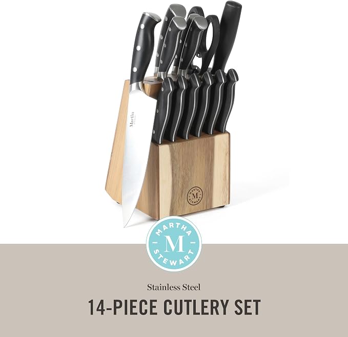 Martha Stewart Greeley 14 pc Triple- Riveted Cutlery Knife Acacia Wood Block - Image 2